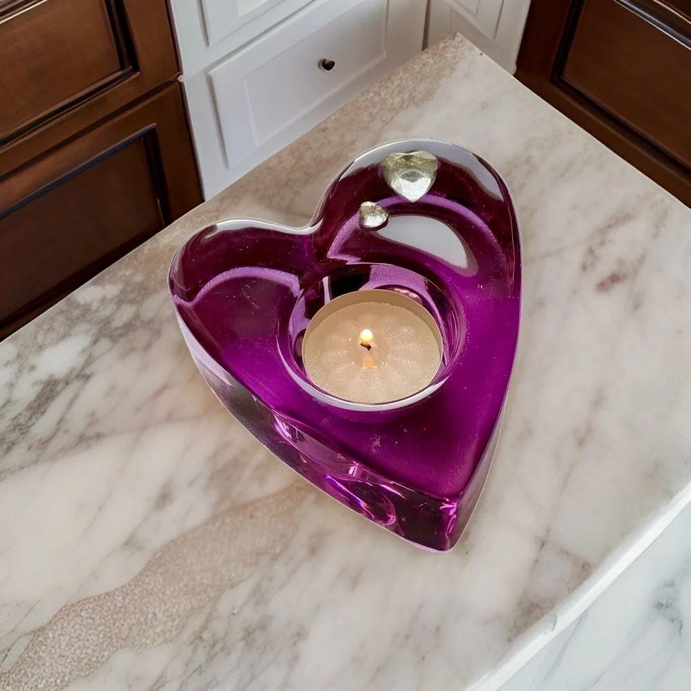 PartyLite #7787 Purple Passion Glass Votive Candle Holder w/Crystal Hearts - Picture 2 of 7